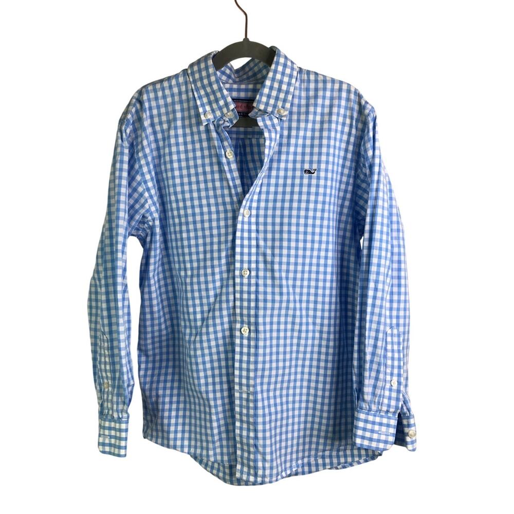 Vineyard Vines Button Down Shirt Boys Sz S 8-10 Light Blue Whale Shirt Gingham‎